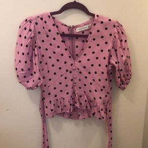 Black and Pink Puff-Sleeve Polka Dot Blouse